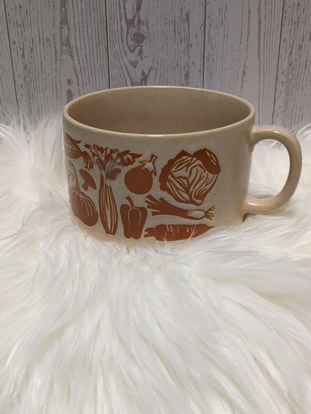 Vintage 1970's Japan Stoneware Soup Mug with Orange Vegetable Motif
